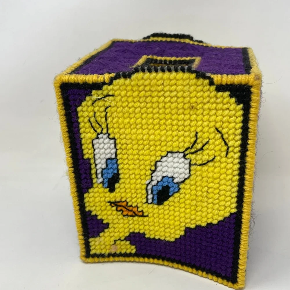 Vintage Tweety Bird Plastic Canvas Tissue Box Cover Looney Tunes Purple Yellow